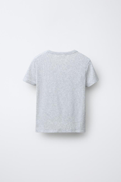 ZARA ФУТБОЛКА В РУБЧИК С ПРИНТОМ «МЕДВЕДЬ», СЕРЫЙ МЕЛАНЖ