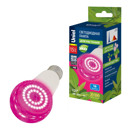 LED-A60-15W/SPSB/E27/CL PLP30WH Лампа светодиодная для растений. Форма A, прозрачная. Спектр для рассады и цветения. Картон. ТМ Uniel