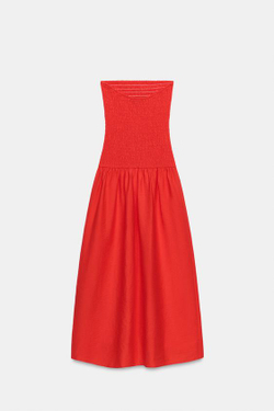 ZARA ПЛАТЬЕ МИДИ С ЭЛАСТИЧНЫМ ЛИФОМ, КРАСНЫЙ