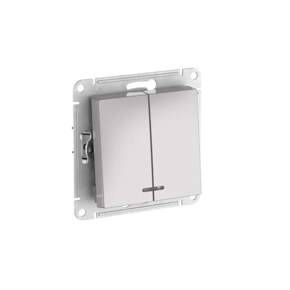 ATLASDESIGN 2-клавишный ВЫКЛЮЧАТЕЛЬ с подсветкой, сх.5а, 10АХ, мех., быстрозажим. клем., АЛЮМИНИЙ