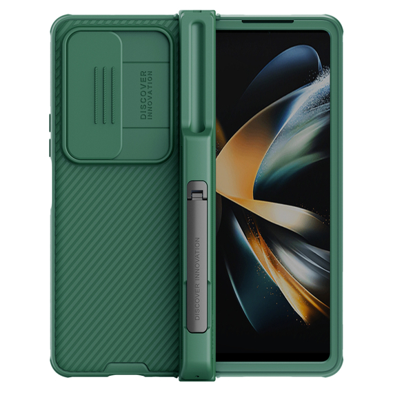 Чехол зеленого цвета (Deep Green) с держателем для S Pen на Samsung Galaxy Z Fold 4 5G от Nillkin, серия CamShield Pro Case, с сдвижной крышкой для камеры