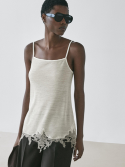 Massimo Dutti Топ в бельевом стиле с кружевом, натуральный/кремовый