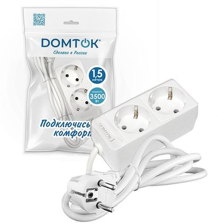 Удлинитель бытовой "DOMTOK" 2гн., ПВС 3*1, 3,5кВт, з/к 1,5м (1/50)