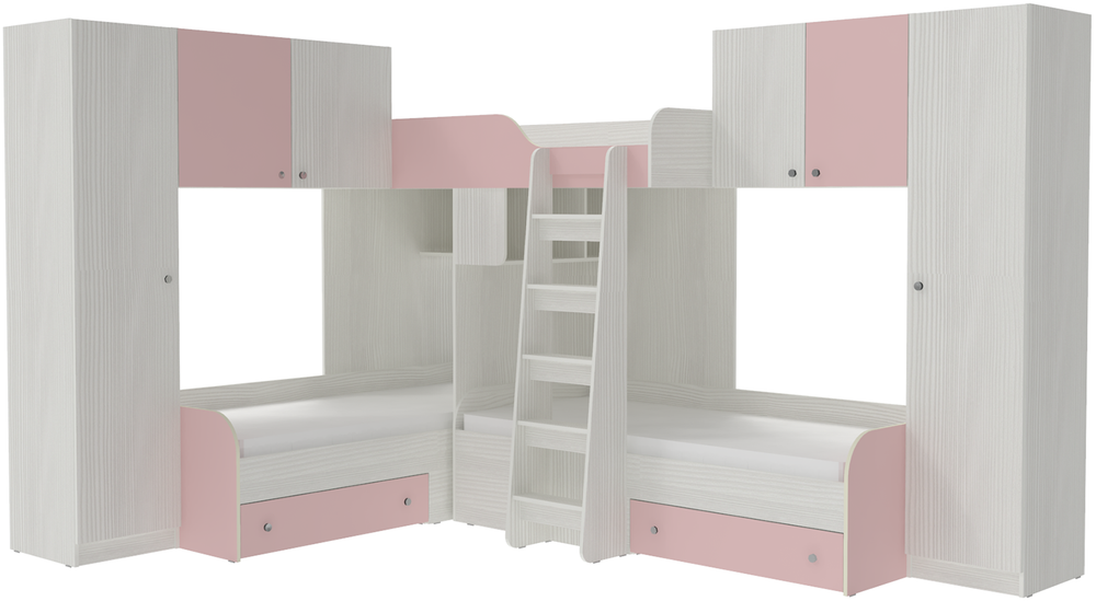 Трехместная кровать КарИВи Трио 3 Белое Дерево Розовый