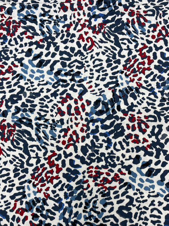 Плательная лен принт леопард голубой, красный на белом D10C1