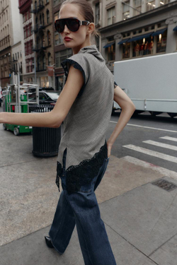 ZARA ТОП С УЗОРОМ «ГУСИНАЯ ЛАПКА» И КРУЖЕВОМ, ЧЕРНЫЙ/ЭКРЮ