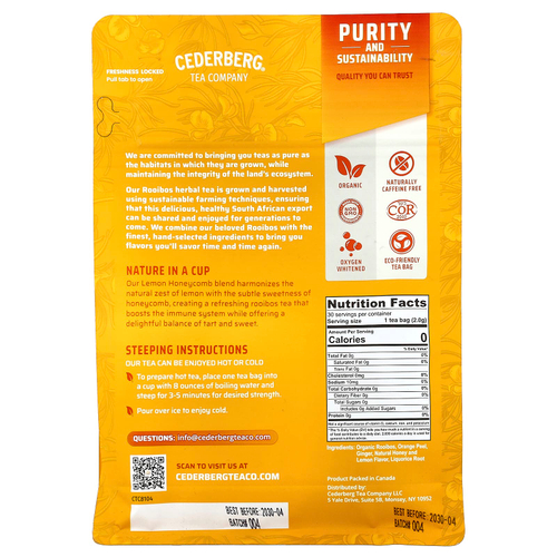 Cederberg Tea Co, ройбуш, лимон и соты, без кофеина, 30 чайных пакетиков, 60 г (2,1 унции)