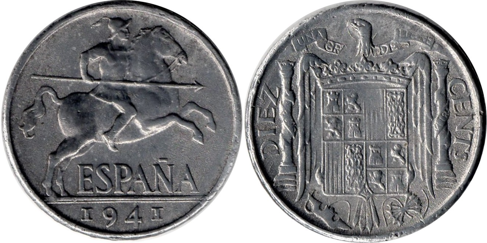 Испания 10 сентимо, 1940-1953 Франсиско Франко VF