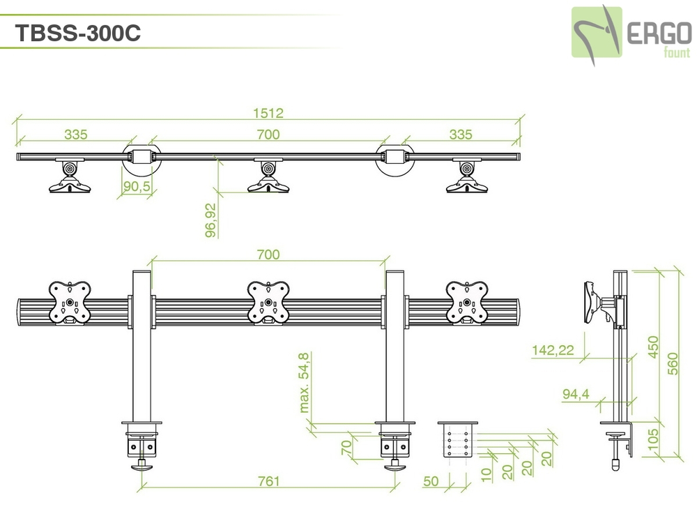 ErgoFount TBSS-300C Настольное крепление для 3 мониторов диагональю до 24'' конфигурации 1х3 с зажимом к столу типа "С". Цвет - серебристый