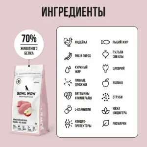 Сухой корм BOWL WOW для собак средних пород с индейкой, рисом и яблоком
