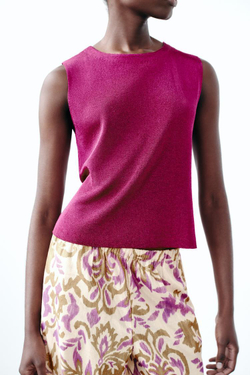 ZARA ОДНОТОННЫЙ ТРИКОТАЖНЫЙ ТОП С БЛЕСТЯЩЕЙ НИТЬЮ, БАКЛАЖАНОВЫЙ