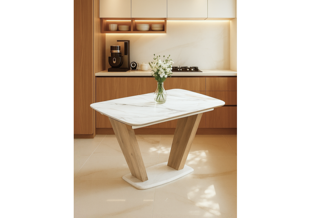 Керамический стол Woodville Петир 120(160)х80х75 gilt white, дуб монтана