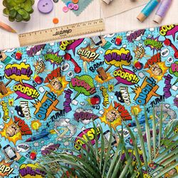 Ткань бязь небольшие звуки из комиксов на голубом фоне