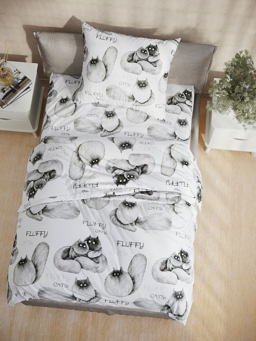 Постельное белье поплин Сказка "Fluffy/Флиппи" евро Наволочка 50х70 см 2 шт Простынь на резинке 180x200 см Пододеяльник 200x215 см