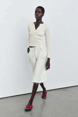 ZARA ФУТБОЛКА В РУБЧИК С ДЛИННЫМИ РУКАВАМИ, ЭКРЮ