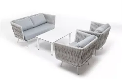 "Монако" лаунж-зона 4-местная из роупа со столом "Верона" (серый гранит), каркас светло-серый, роуп светло-серый