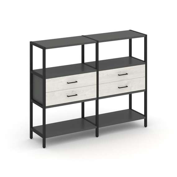 Shelf System Двухсекционный стеллаж трехярусный с ящиками SN.STM-322 Антрацит/Дуб Наварра/Металл Чер