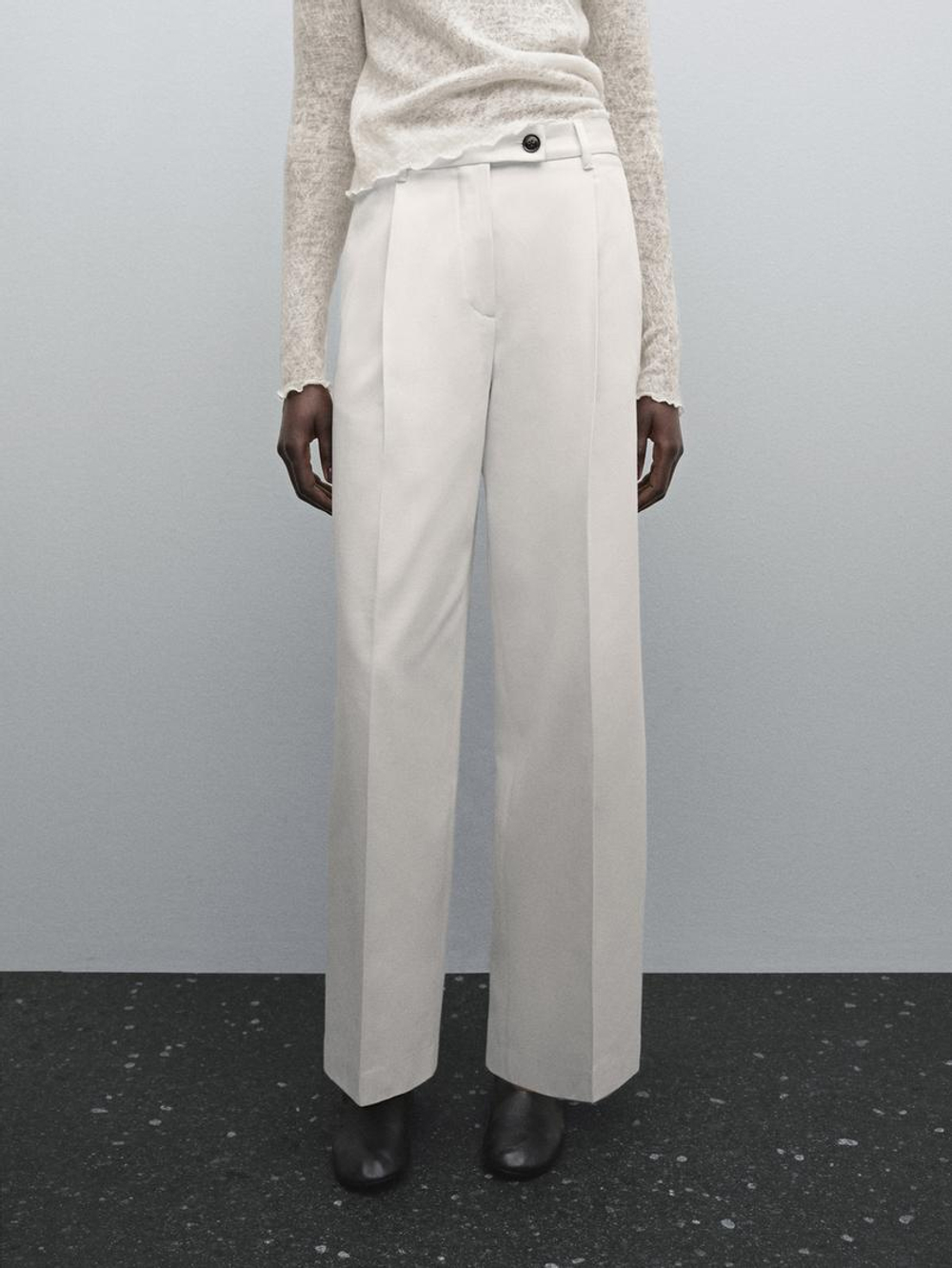 Massimo Dutti Широкие брюки из смесового хлопка со складками, натуральный, кремовый