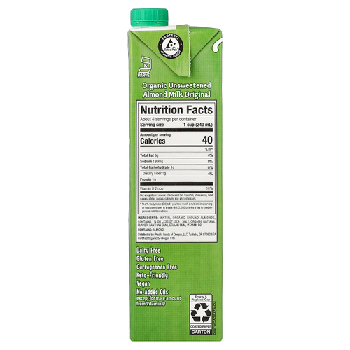 Pacific Foods, органическое миндальное молоко, неподслащенное, 946 мл (32 жидк. унции)