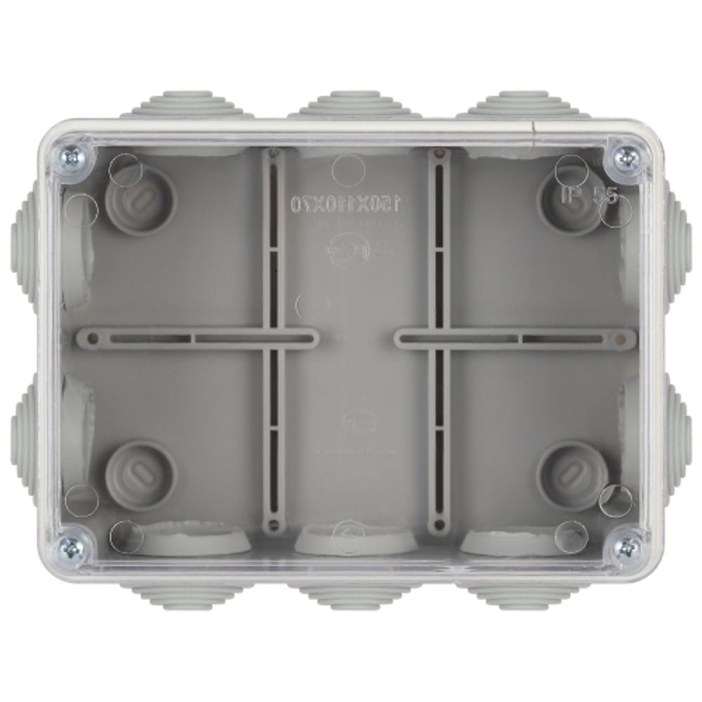 Распаячная коробка ЭРА KORvpk-150-110-70-10g ОП серая 150х110х70мм прозрачная крышка на винтах 10 гермовводов IP55