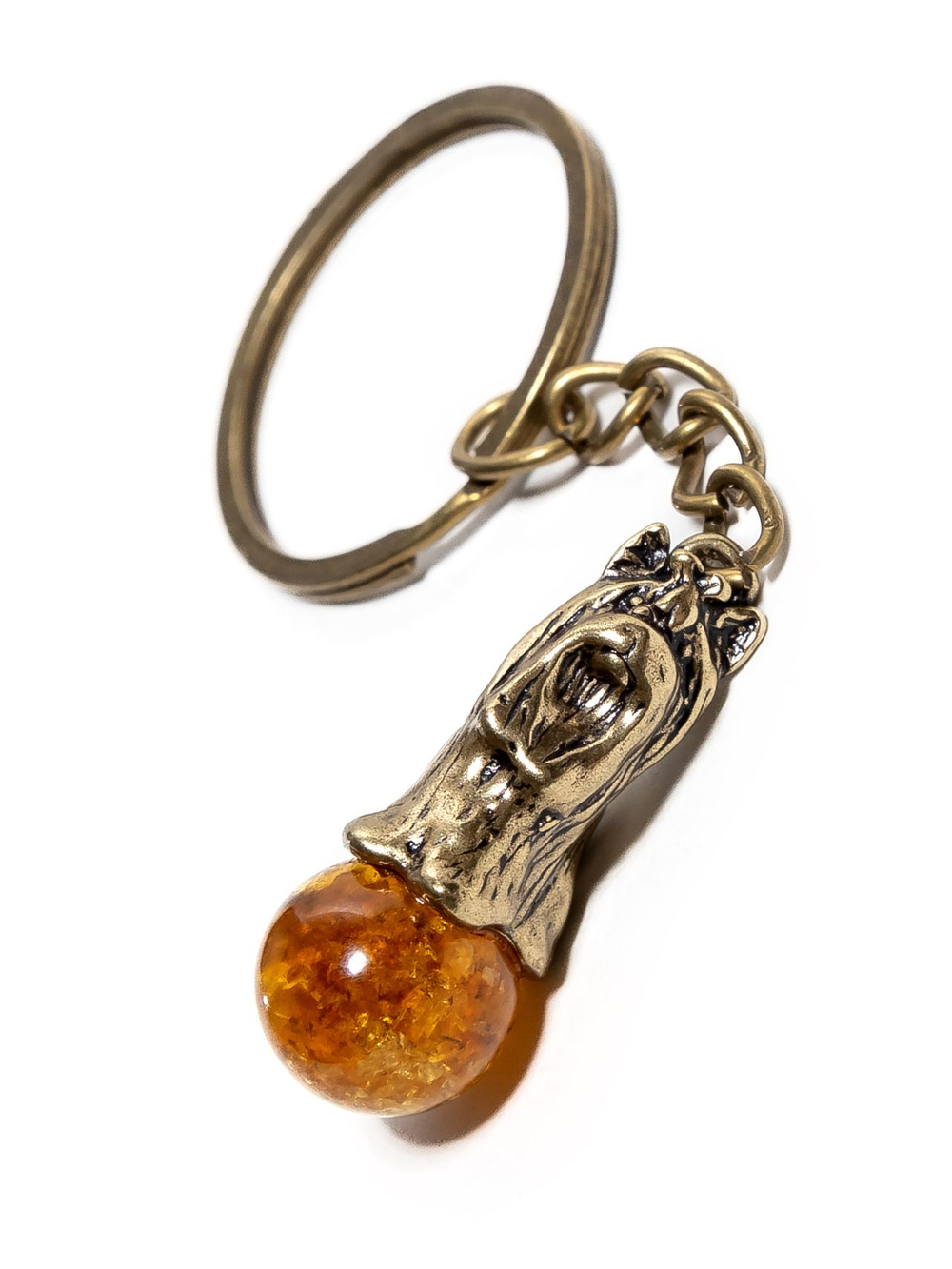 Брелок с янтарем натуральным - собака Йорк, диаметр камня 12 мм