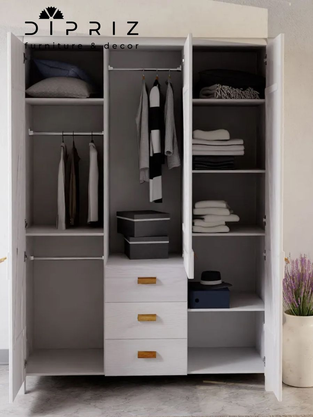 Шкаф 150х60х211, Мадейра, распашной для одежды, деревянный 3 двери 3 ящика, в прихожую спальню гостиную, массив сосны, белый, Dipriz