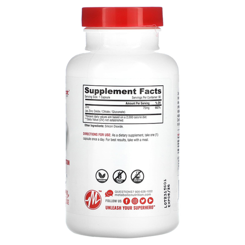 Metabolic Nutrition, Цинк, 75 мг, 90 капсул
