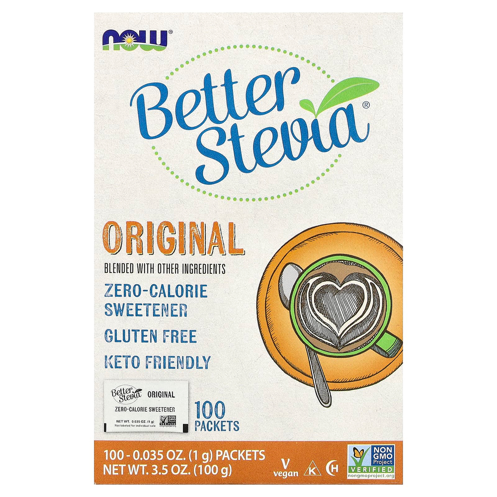 NOW Foods, Better Stevia®, низкокалорийный подсластитель, оригинальный вкус, 100 пакетиков, 100 г (3,5 унции)