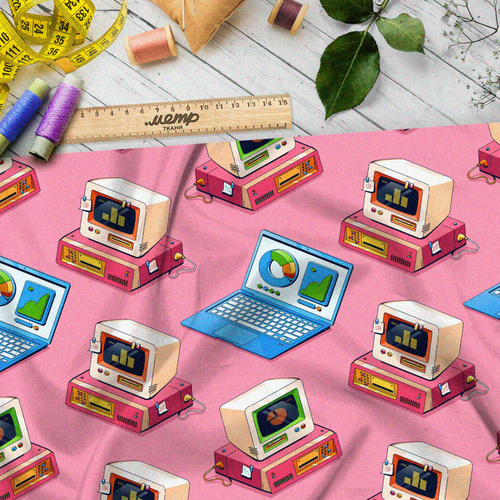 Ткань футер 2-х нитка компьютеры и ноутбуки на розовом фоне