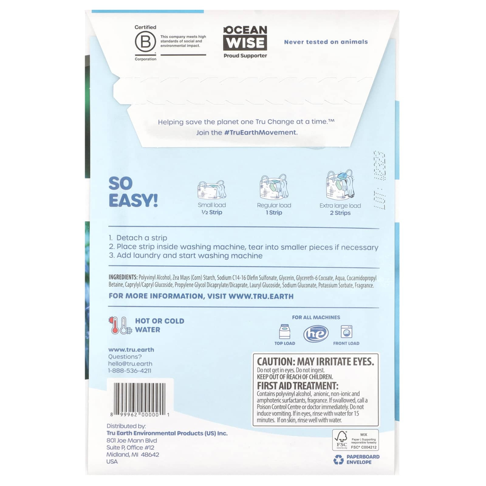 Tru Earth, Eco-Strips®, средство для стирки, ультраконцентрированное, из свежего белья, 32 полоски