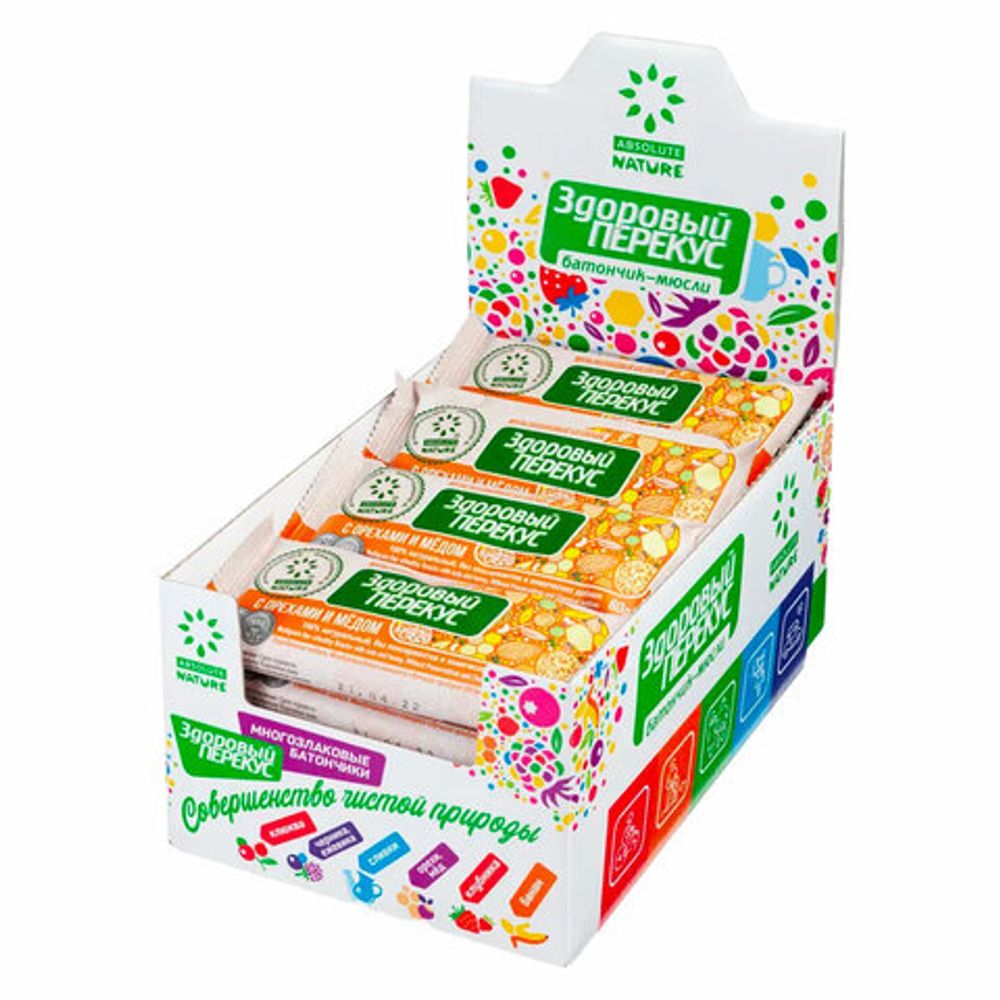 Батончик-мюсли ЗДОРОВЫЙ ПЕРЕКУС с орехами и медом, 20 шт. по 60 г, 16917