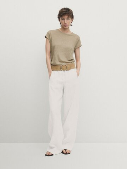 Massimo Dutti Футболка из 100% льна с коротким рукавом, бежевый