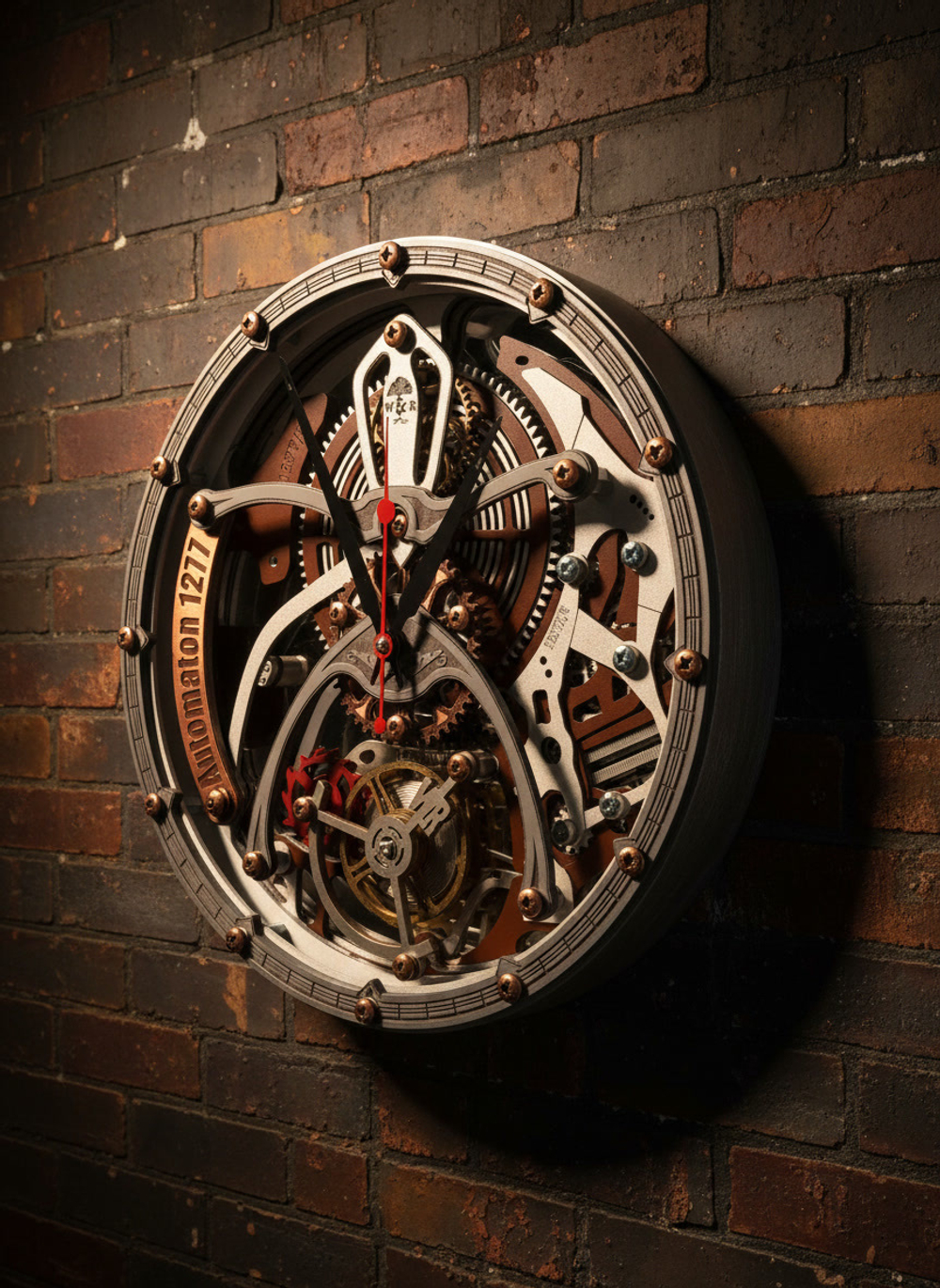 Настенные часы WOODandROOT Automaton 1277 Tourbillon с кинетическими шестерёнками на тёмной кирпичной стене в индустриальном интерьере.