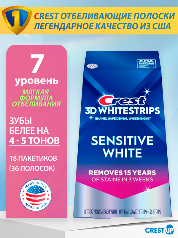 Отбеливающие полоски для зубов Crest 3D Whitestrips Sensitive White, полный курс 18 дней