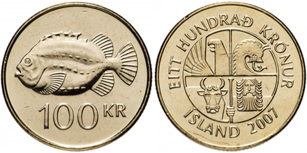 Исландия 100 крон, 1995 - 2011 Пинагор (рыба-воробей) XF
