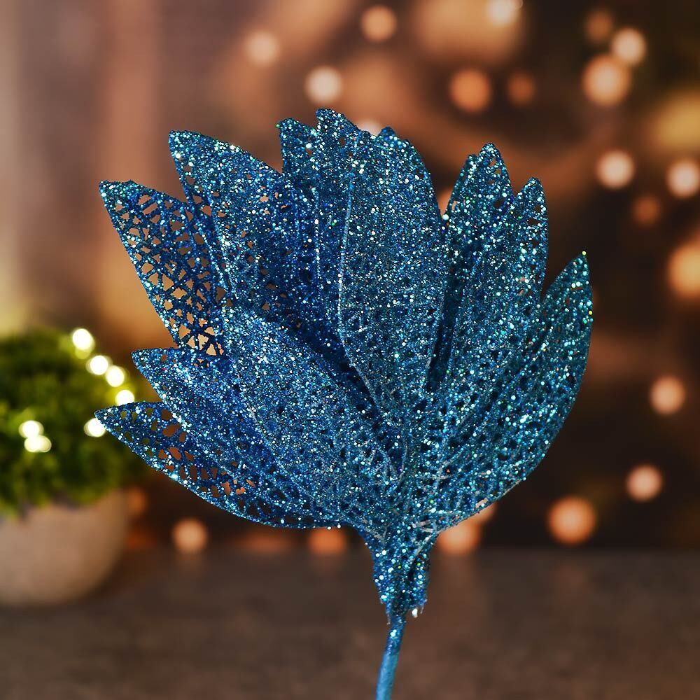Украшение новогоднее "Ветка Сказочный листопад" 25см, голубой