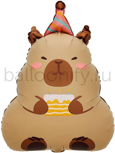 Шар (27''/69 см) Фигура, Капибара с тортиком, 1 шт.