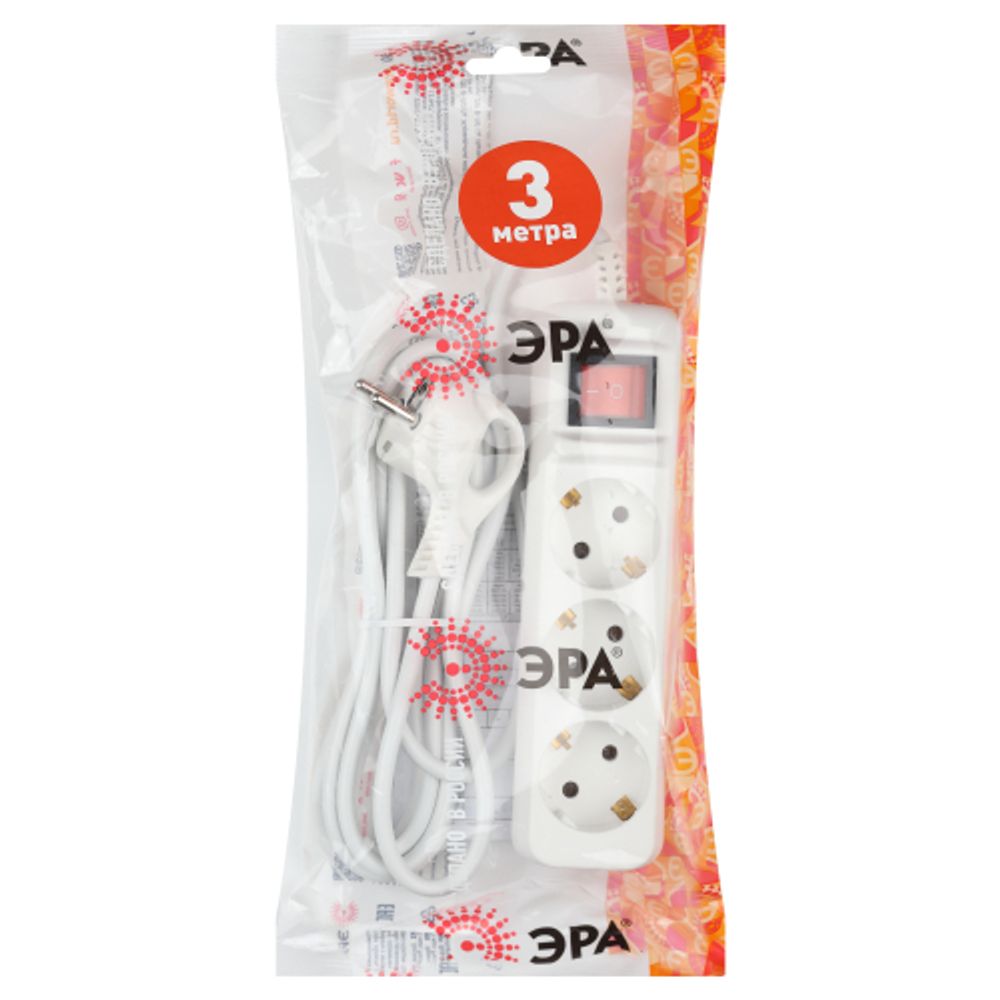 Удлинитель электрический ЭРА UX-3es-3m с заземлением с выключателем 3 розетки 3 м ПВС 3x0,75мм2 10А