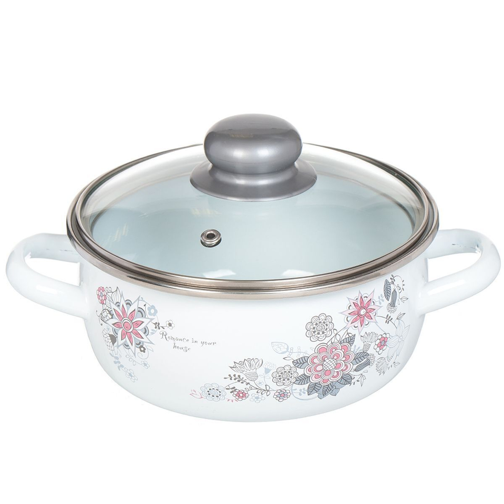 Кастрюля сталь, эмал, 1.5 л, с крыш, СтальЭмаль, Весенний романс белоснежный, 1RA161S, индукц