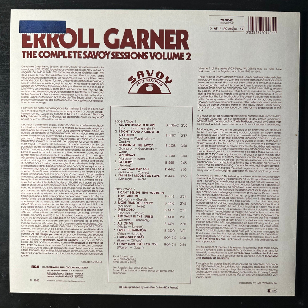 Erroll Garner ‎– The Complete Savoy Sessions Volume 2 (1949) (Германия 1986г.)