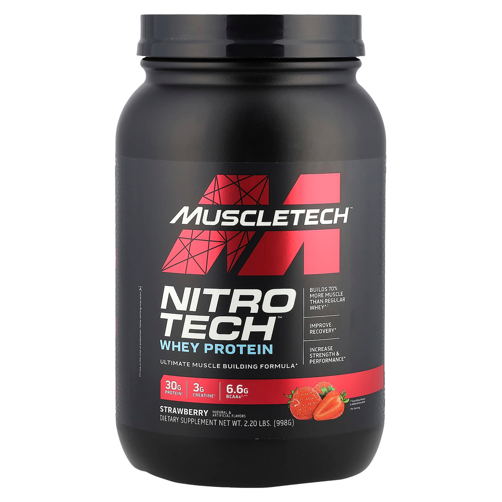 MuscleTech, Nitro-Tech, сывороточный изолят + смесь для роста сухой мышечной массы, клубничный вкус, 907 г (2 фунта)