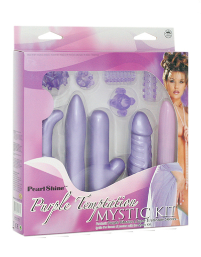 Сиреневый вибратор с насадками и интимными аксессуарами - 13,5 см.