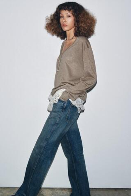 ZARA КОМБИНИРОВАННЫЙ ТРИКОТАЖНЫЙ ДЖЕМПЕР, БЕЖЕВЫЙ