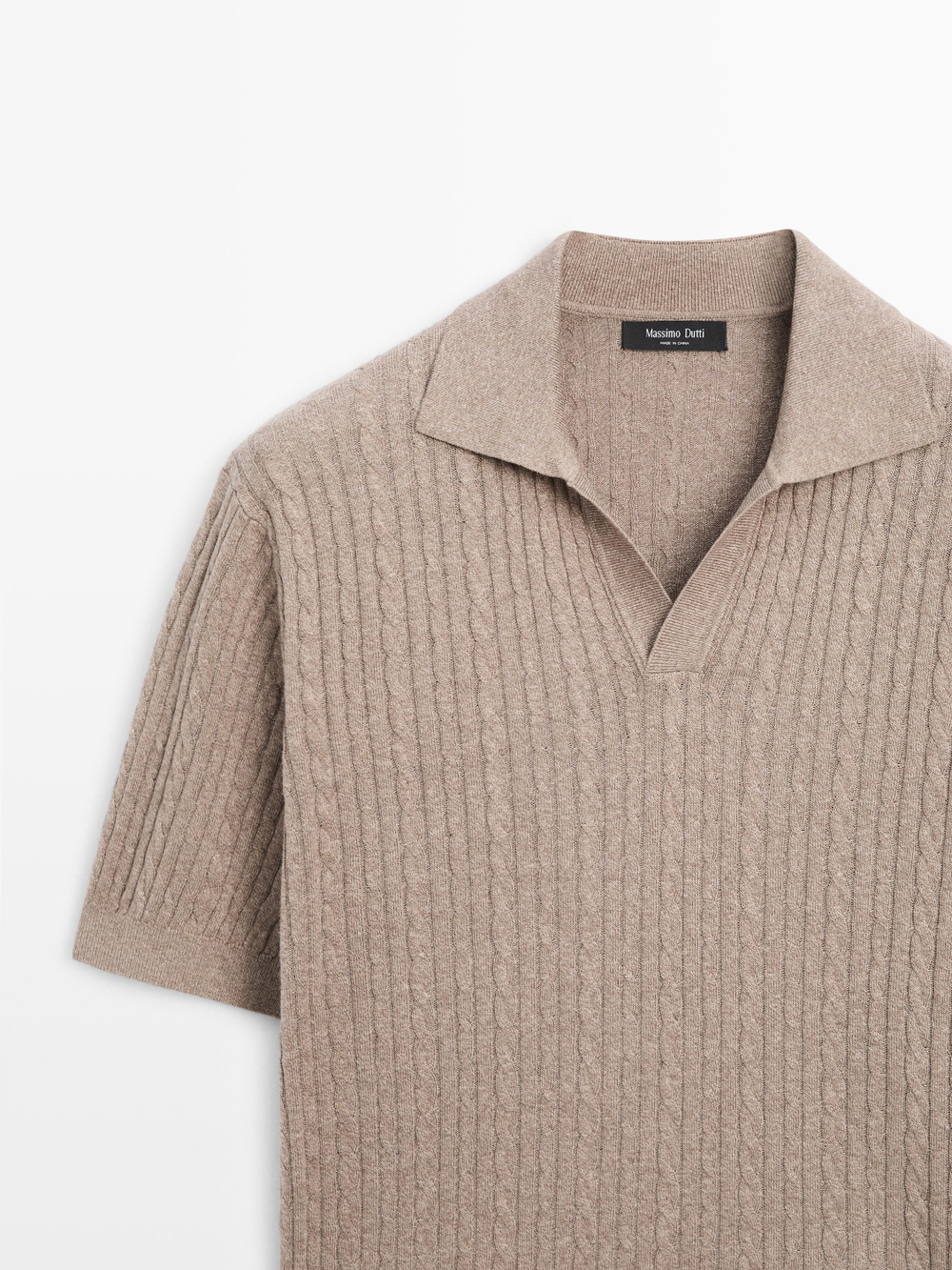 Massimo Dutti Вязаная рубашка-поло с короткими рукавами и узором «косичка», пыльный хаки