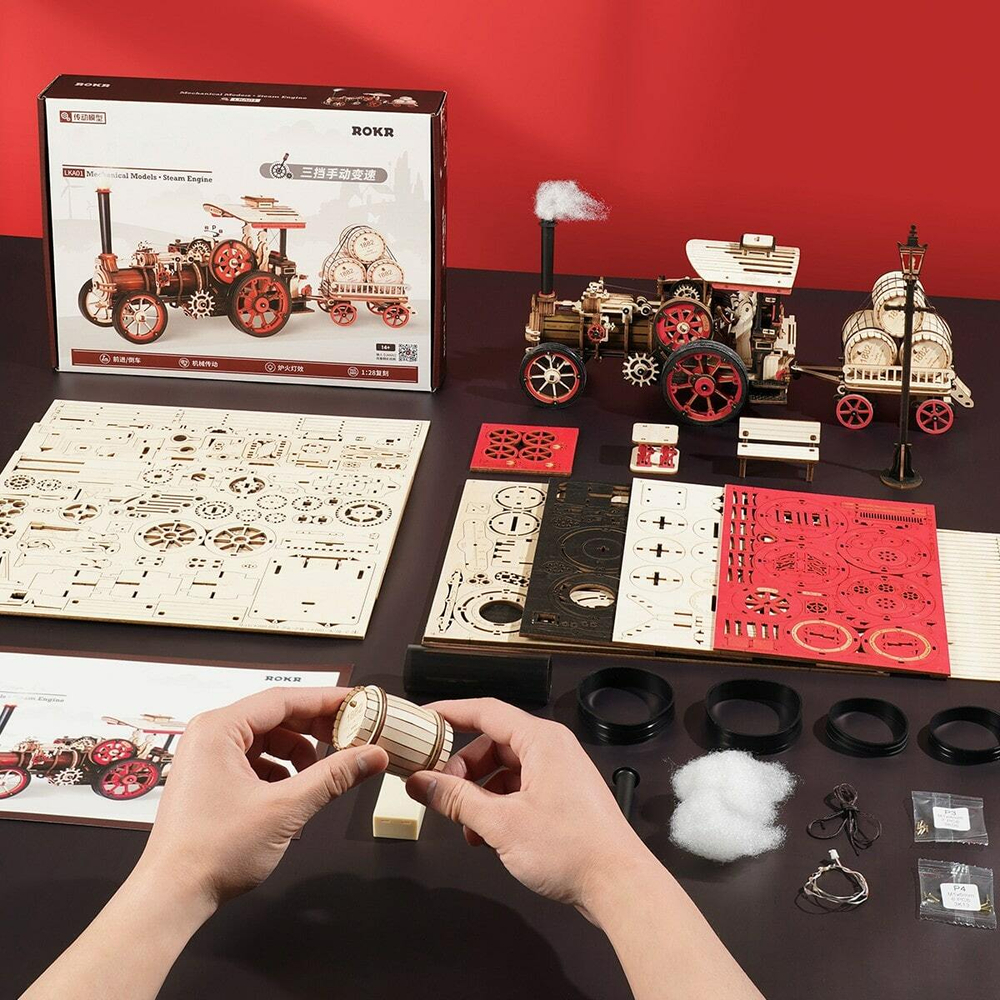 Сборный автомобиль на паровом двигателе от RORK и Robotime, купить в магазине, ANANAZA, не дорого деревянный конструктор, механические модели, 3D пазлы, ретро автомобили