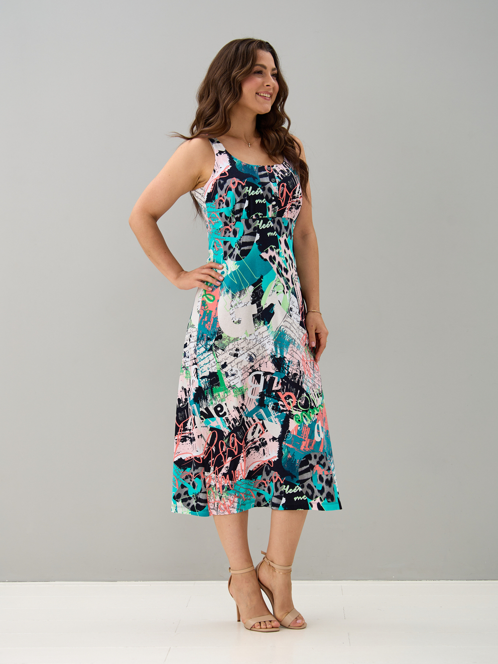 Платье П-015/бирюзаабстракция-надписи