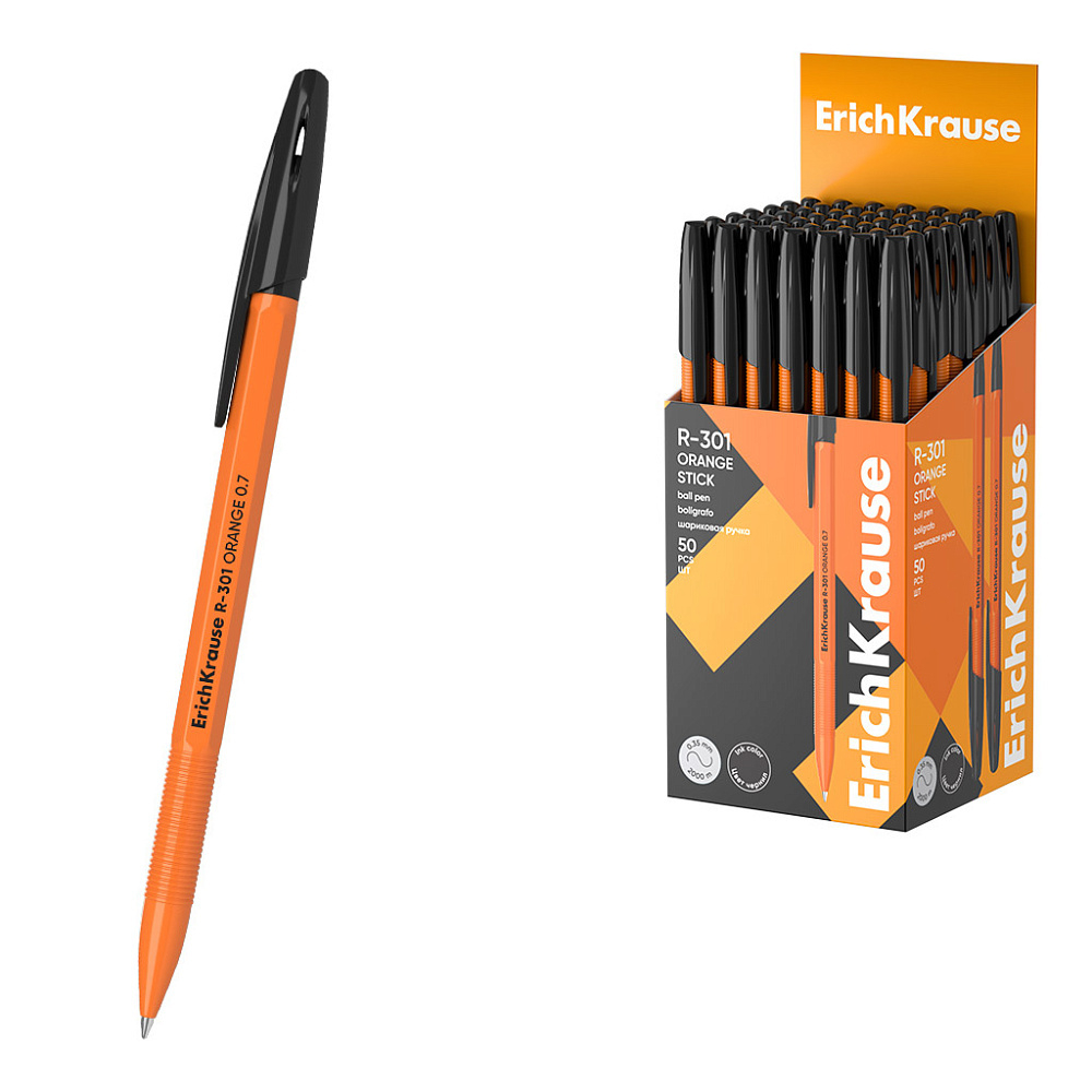 Ручка шариковая ErichKrause R-301 Stick Orange 0.7, цвет чернил черный (в коробке по 50 шт.)
