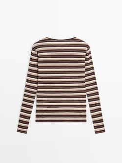 Massimo Dutti Футболка из смесового хлопка в полоску с длинными рукавами, коричневый