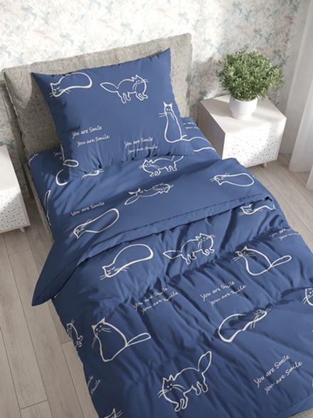 Постельное белье перкаль Сказка "Котики" 1,5-сп Наволочка 50х70 см 1 шт Простынь 150x215 см Пододеяльник 145x215 см