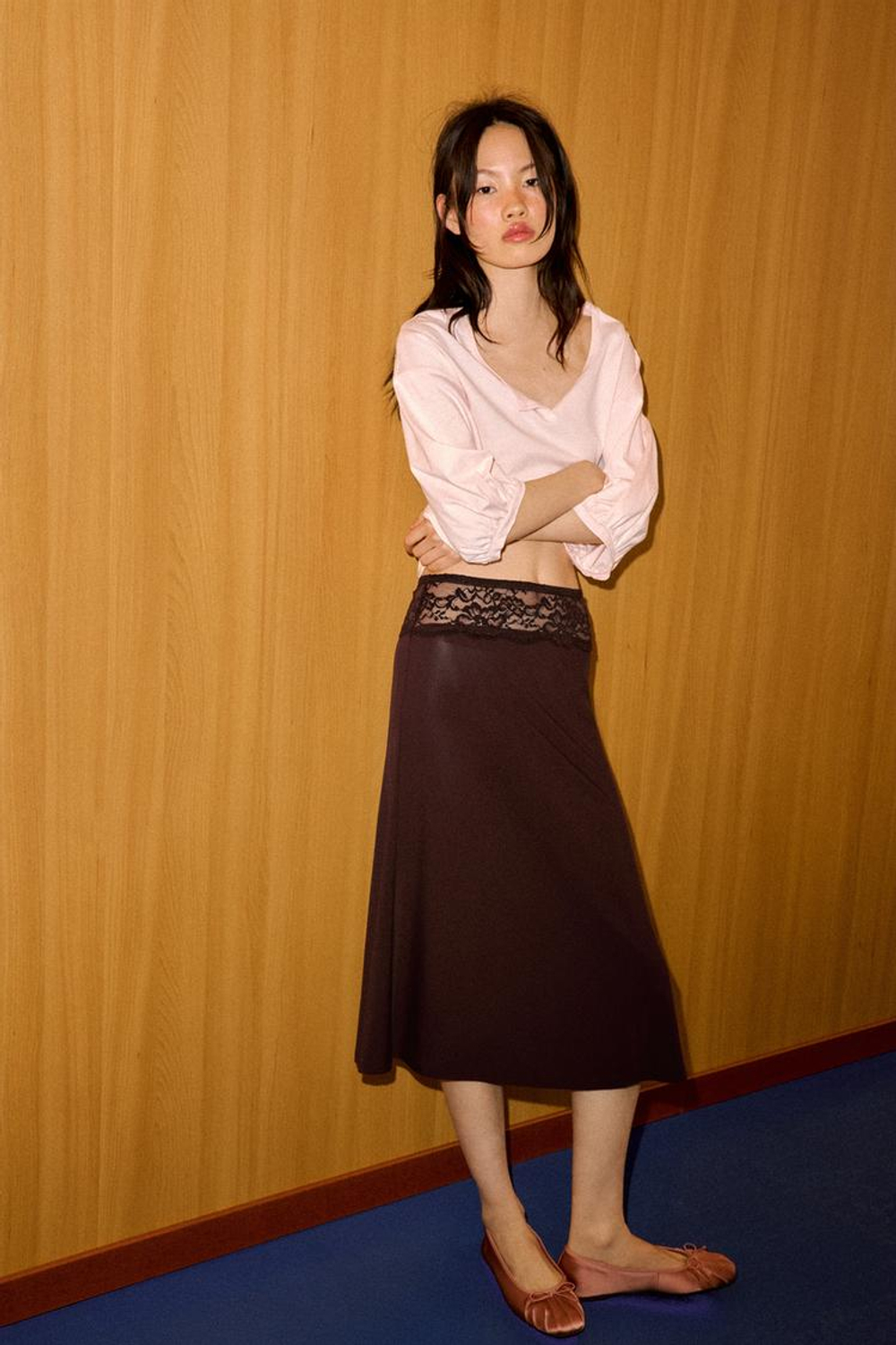 ZARA КОМБИНИРОВАННАЯ ЮБКА С КРУЖЕВОМ, ТЕМНО-КОРИЧНЕВЫЙ